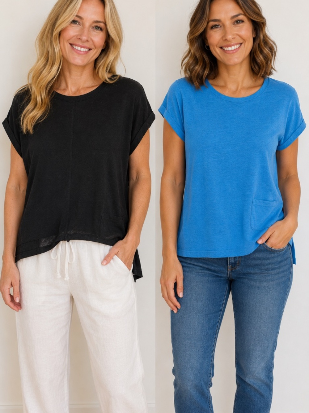 TWO Linen T-shirts/tops M blue/black Alison Sheri hi/low dolman sleeve coastal
